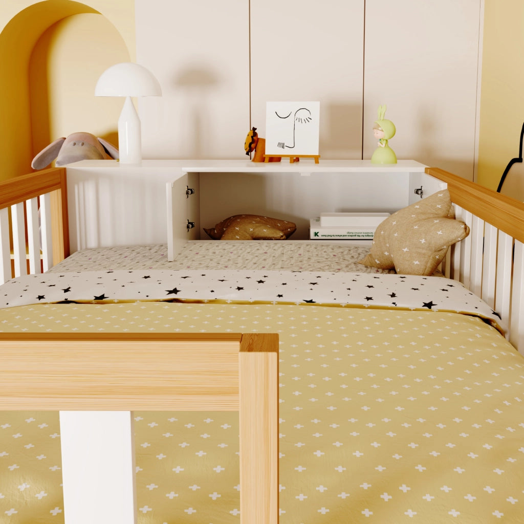 Letto a castello bianco e legno naturale con armadio scaffali e scala portante 90x200 cm