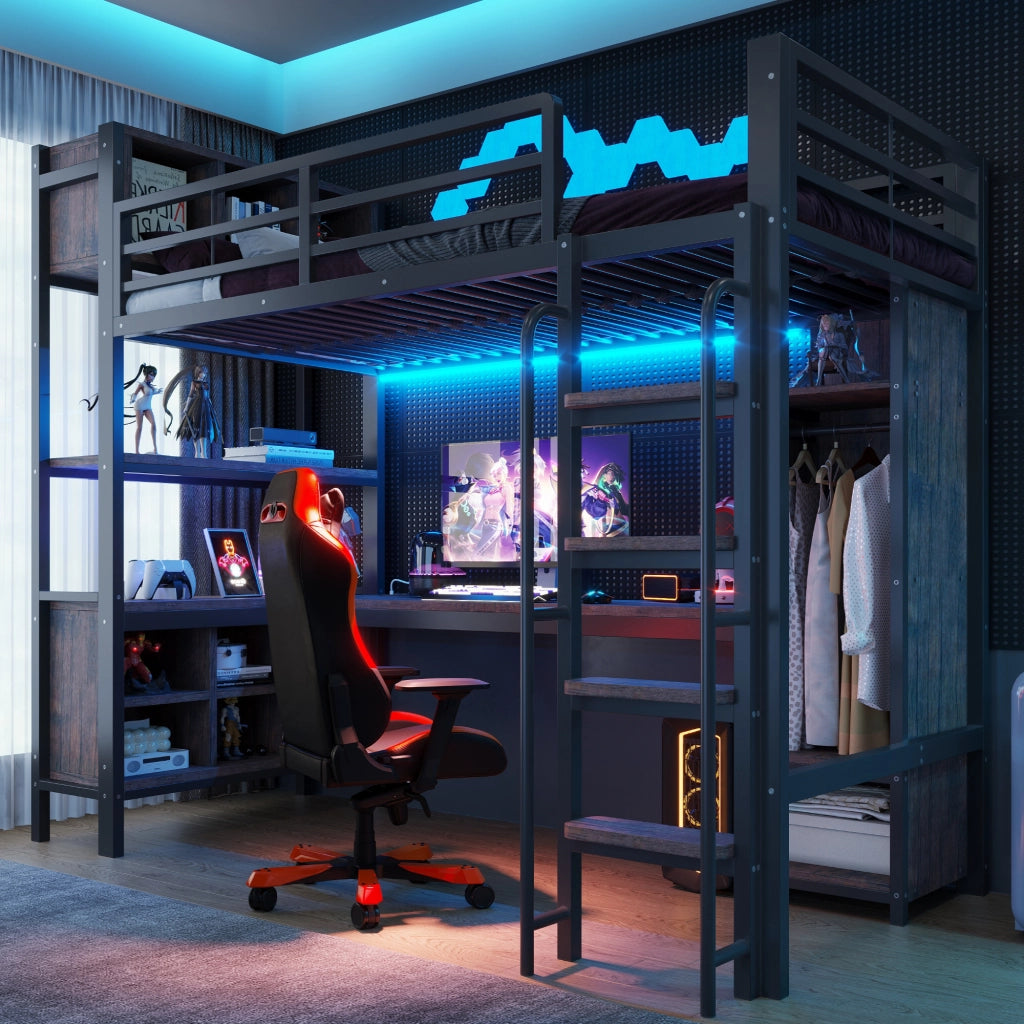 Letto a soppalco singolo 90 × 200 cm con scrivania, armadio, prese e led, senza materasso, metallo nero