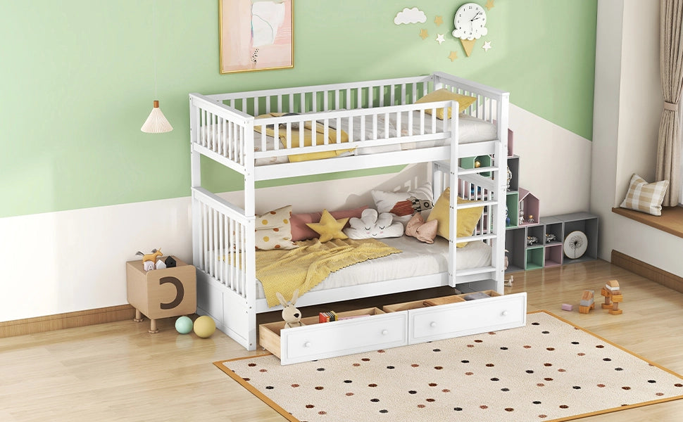 DESMIU Letto a castello per bambini 90 × 200 cm con 2 cassetti, convertibile in 2 letti, senza materasso, bianco