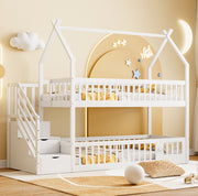 Letto a castello per bambini 90x200 cm in legno massello di pino con tetto; bianco