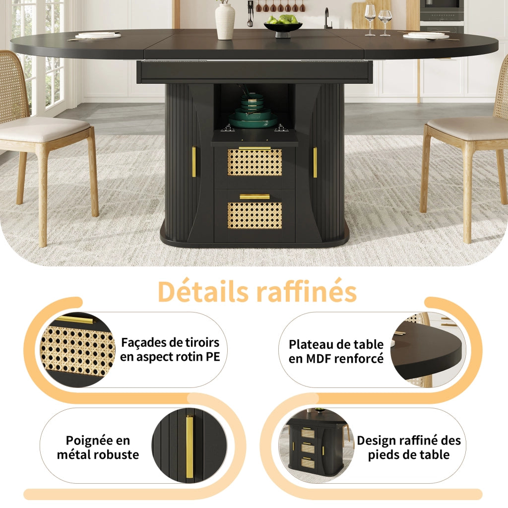 Tavolo da pranzo allungabile con contenitore; cassetti effetto rattan; in MDF e metallo; nero