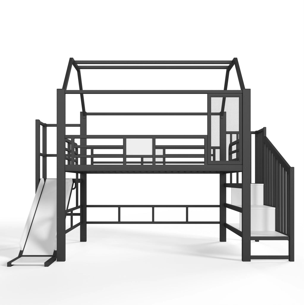 Letto a soppalco per bambini 140x200 cm con scivolo e LED Bluetooth in metallo nero