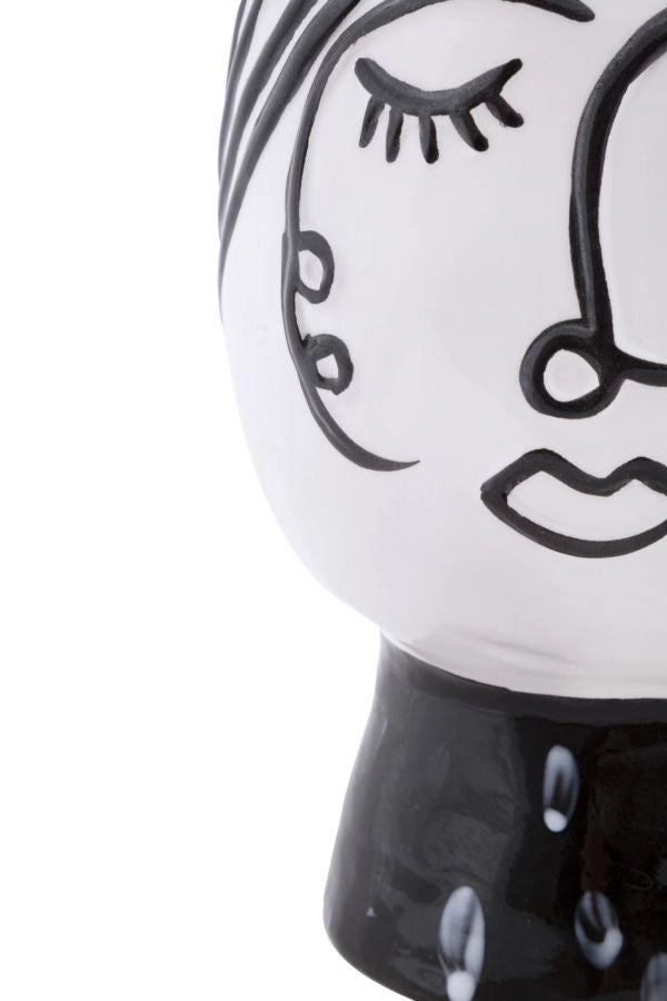 Vaso in porcellana bianco con disegno e base nero 14x18,2cm Pot Face
