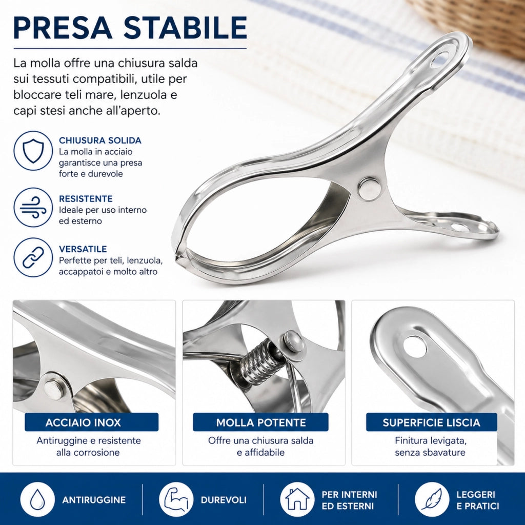 Set 12 Mollette Acciaio Inox 9 cm per Teli, Coperte, Bucato 72804