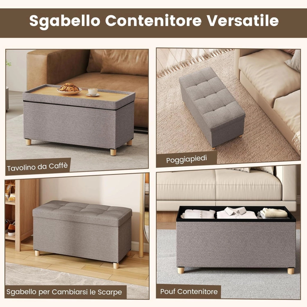 Panca Contenitore 78 L, Cassapanca Contenitore con Vassoio Reversibile e Gambe in Legno Massello, Panca Poggiapiedi Pieghevole in Tessuto di Lino per Soggiorno e Ingresso, 76 X 38 X 39 CM