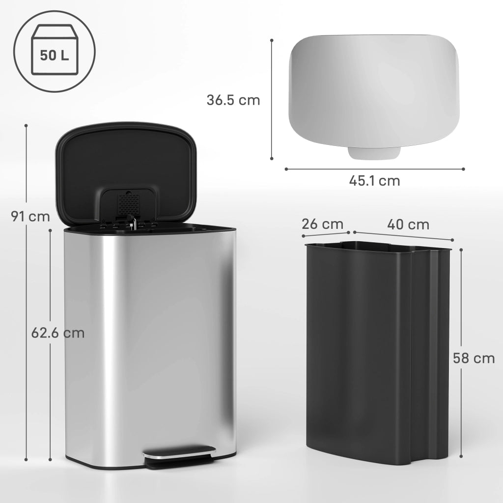 Pattumiera a Pedale da 50L con Coperchio Ammortizzato e Secchio Rimovibile in Acciaio Inox Grigio