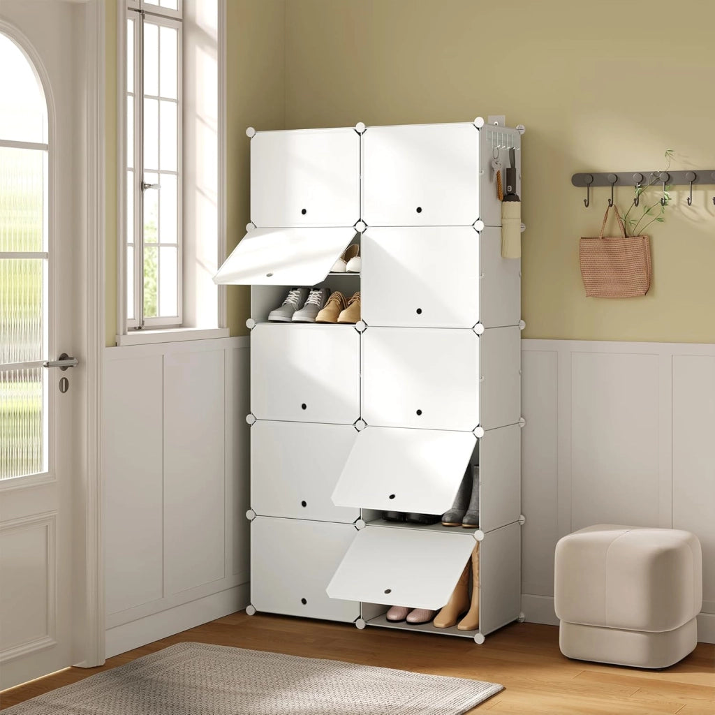 Scarpiera da Ingresso, Porta Scarpe con 10 Scomparti, Scarpiera Modulare per 40 Paia di Scarpe, Contenitore per Scarpe con Porte, in Plastica e Metallo, Bianco, 35x35x45cm/Scomparto