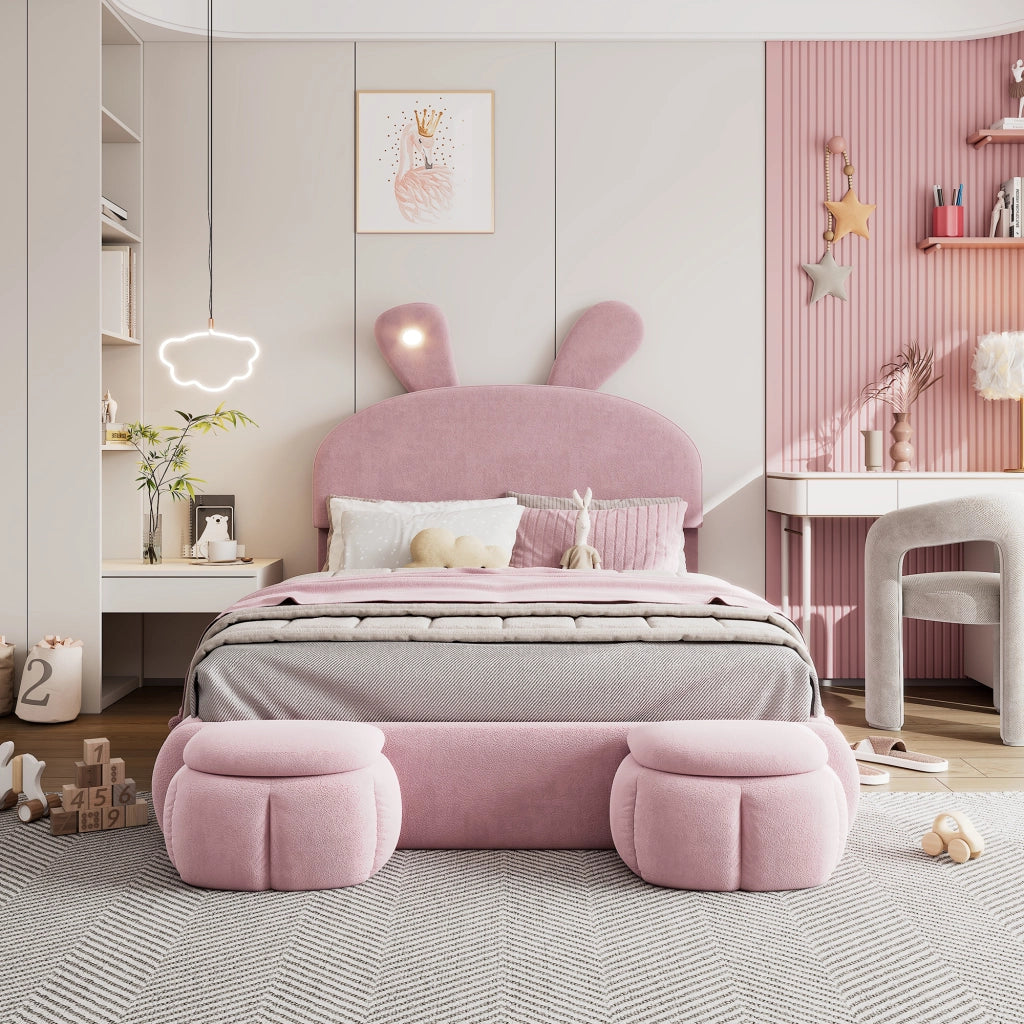 Letto Contenitore 140 x 200 cm; Letto Matrimoniale - LED Regolabile e 2 Pouf - Rosa