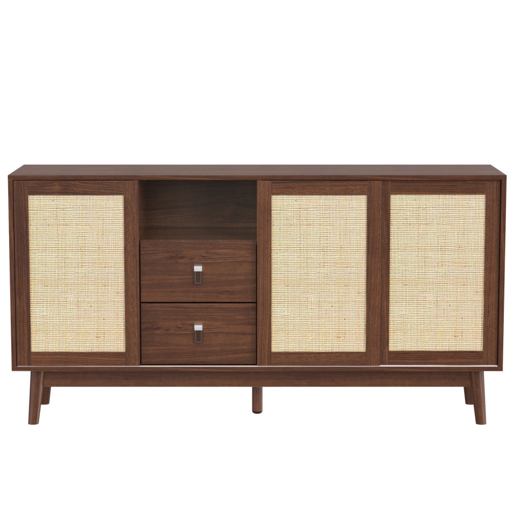 Credenza 155x38x80 cm con 3 ante scorrevoli in rattan e 2 cassetti; MDF e pannello truciolare
