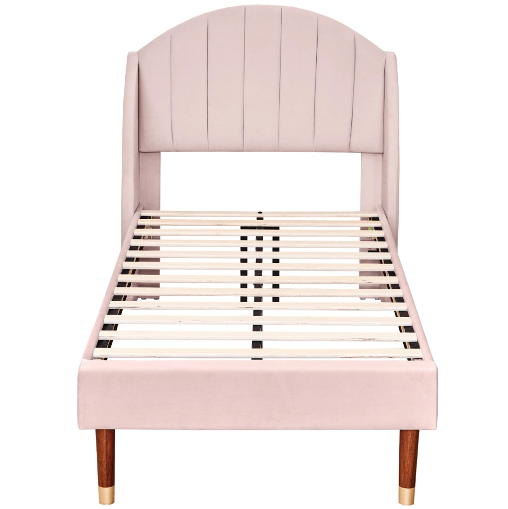 Letto imbottito 90x200 cm con rete a doghe e testiera in velluto rosa