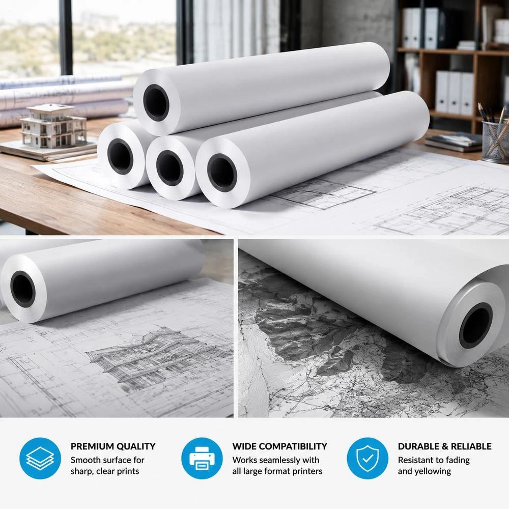 Large Format Plotter Paper 45.7 M X 609.6 Mm 4 Rolls CAD Bond Rolls With 50.8 Mm Core, Drawing Rolls For CAD Drawings, Technical Plans, GIS Maps And Architectural Designs