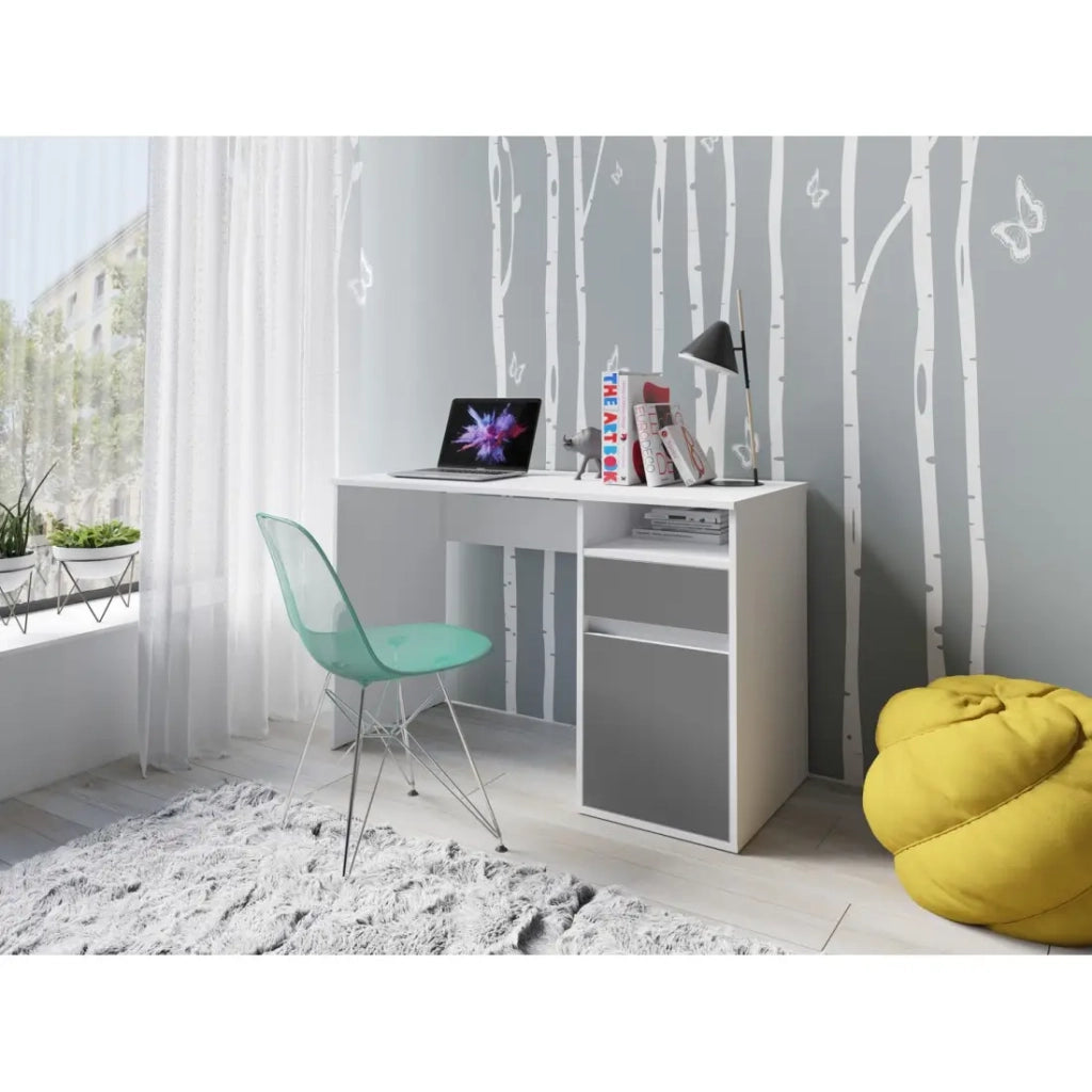 Scrivania BILOU bianca con cassetto e porta grigio antracite – Design minimalista e moderno per bambini