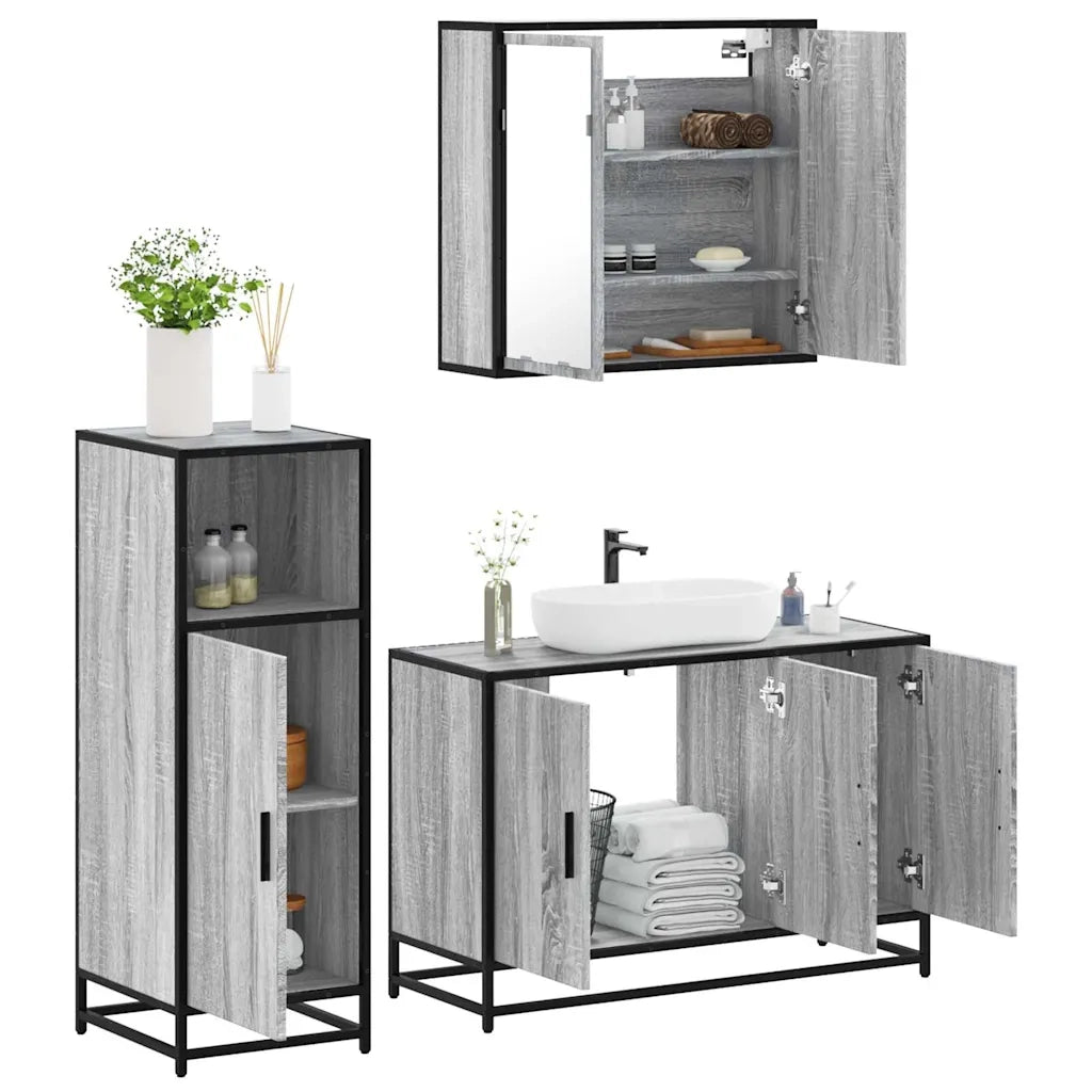 Set Mobili da Bagno 3 pz Grigio Sonoma in Legno Multistrato