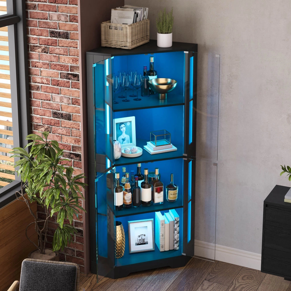 Vetrina angolare in vetro con LED RGB 40x40x165 cm nera, mobile cucina con 4 ante e ripiani regolabili