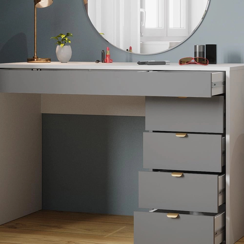 Tavolo da toeletta Elise, Bianco/grigio/grigio, 115 cm con 5 cassetti, da utilizzare come toeletta o superficie d’appoggio in camera da letto
