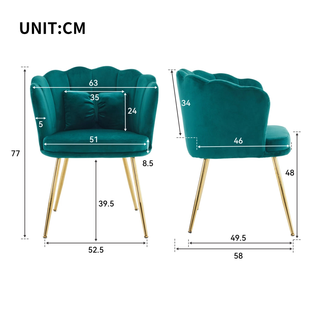 Poltrona decorativa con cuscino e gambe in metallo dorato in velluto verde 63×58×77 cm