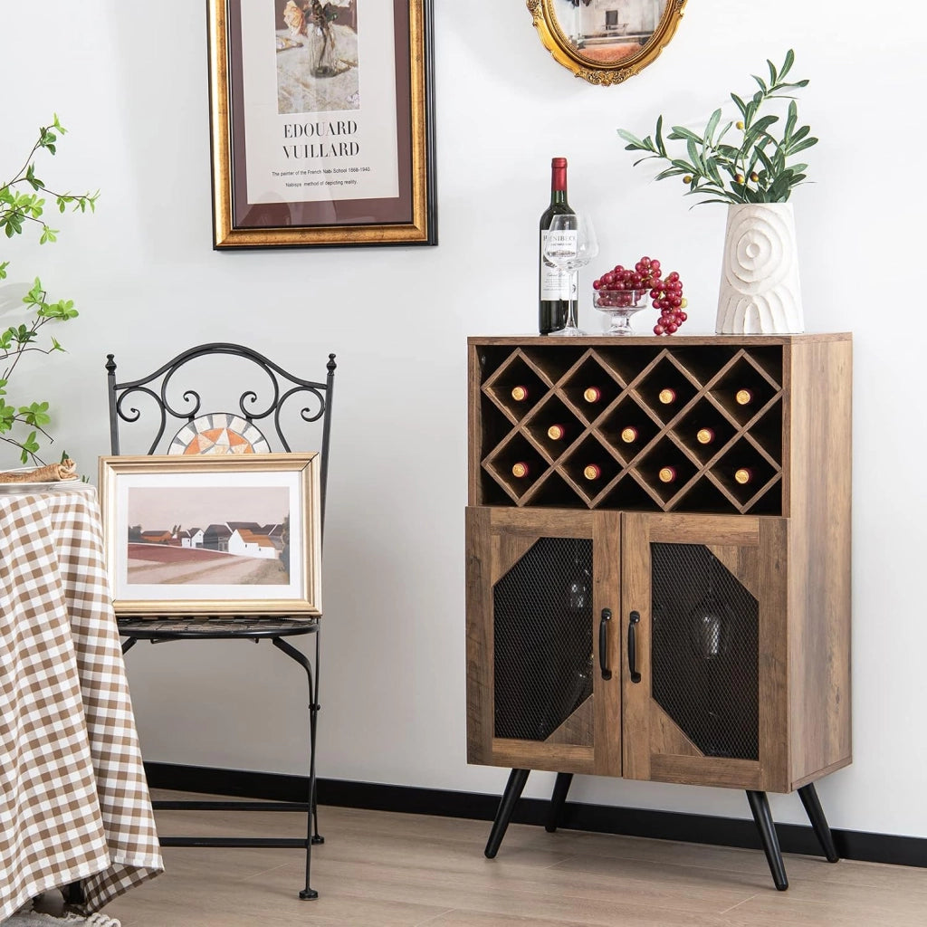 Cantinetta Portabottiglie in Legno, Credenza da Cucina con Portabottiglie Rimovibile, Portabicchiere e 2 Ante, Ideale per Cucina, Sala da Pranzo, Soggiorno