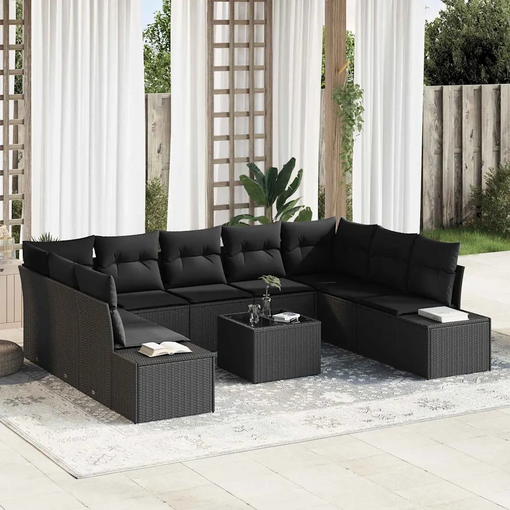 Set Divano da Giardino con cuscino 9 pcs Nero Polyrattan
