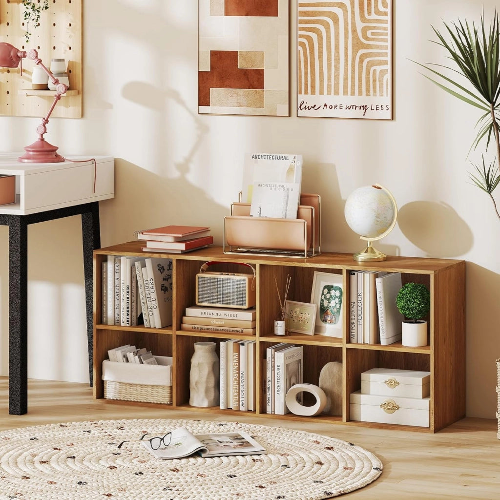 Libreria Scaffale a 8 Cubi Aperti, Libreria Bassa in Legno Salvaspazio, Scaffale Espositivo per Camera da Letto, Soggiorno, Salotto, Ufficio e Studio, 121,5 x 29 x 61 cm (Naturale)