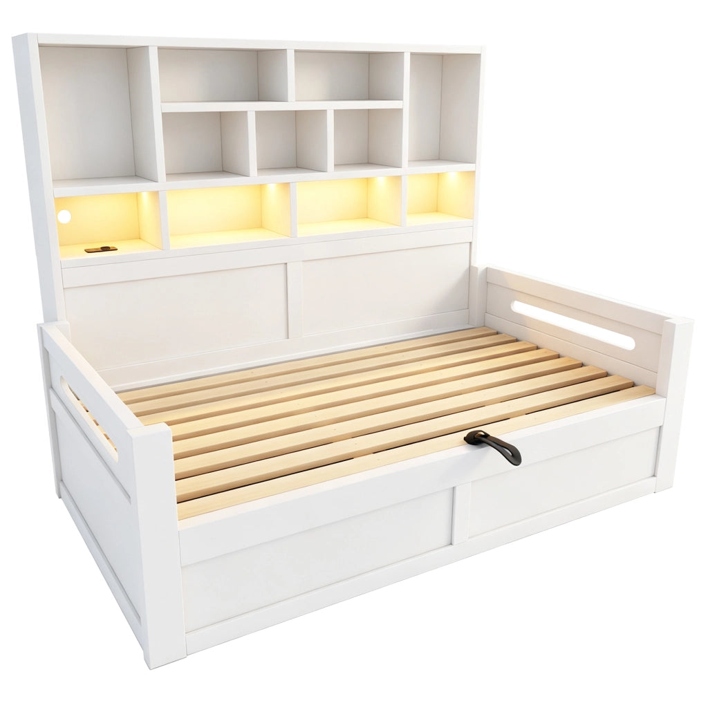 Letto multifunzione 90x200 cm in MDF bianco con LED; prese; scomparti e 2 cassetti