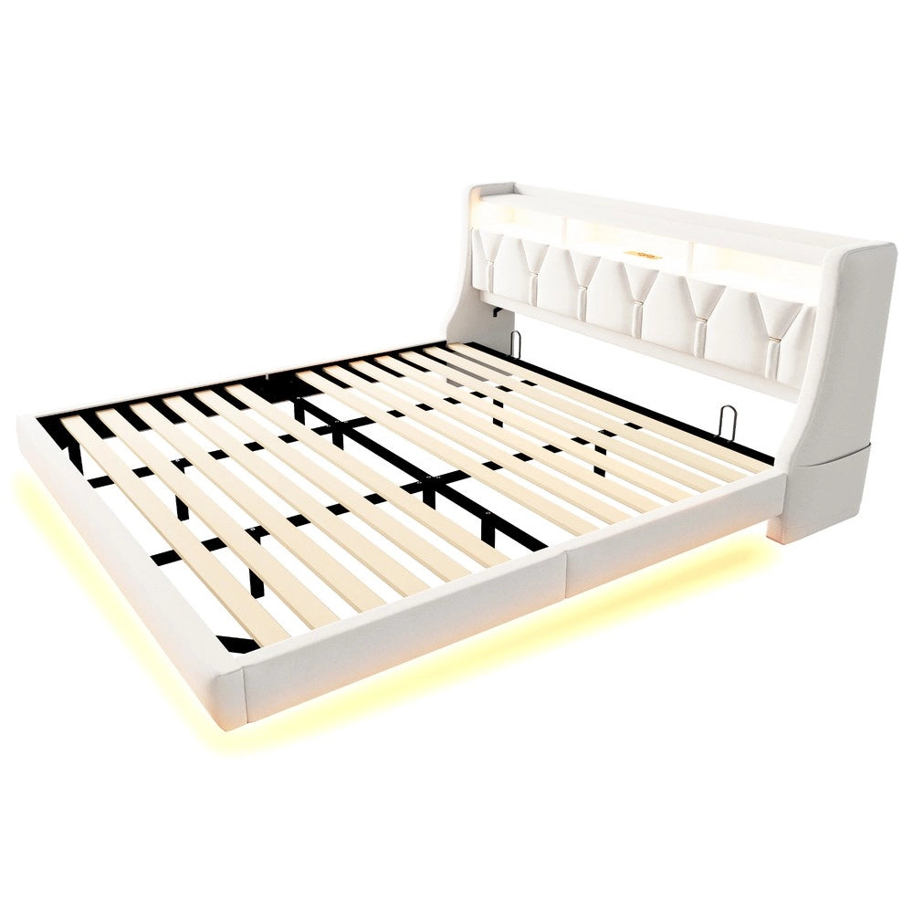 Letto Imbottito 180x200 con Testiera LED e Presa ¨C MINIMAL ¨C Velluto Beige