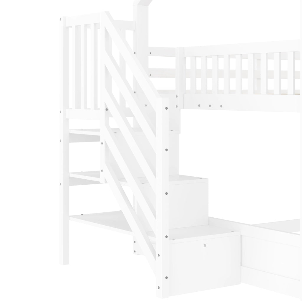 Letto a castello a casetta 140x200 cm con scala contenitore e scivolo bianco