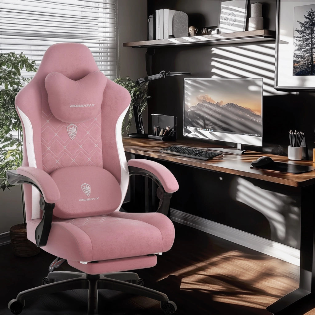 Sedia da Gaming | Funzioni di riscaldamento e massaggio, supporto lombare, poggiapiedi, materiale in tessuto, Bianco rosato