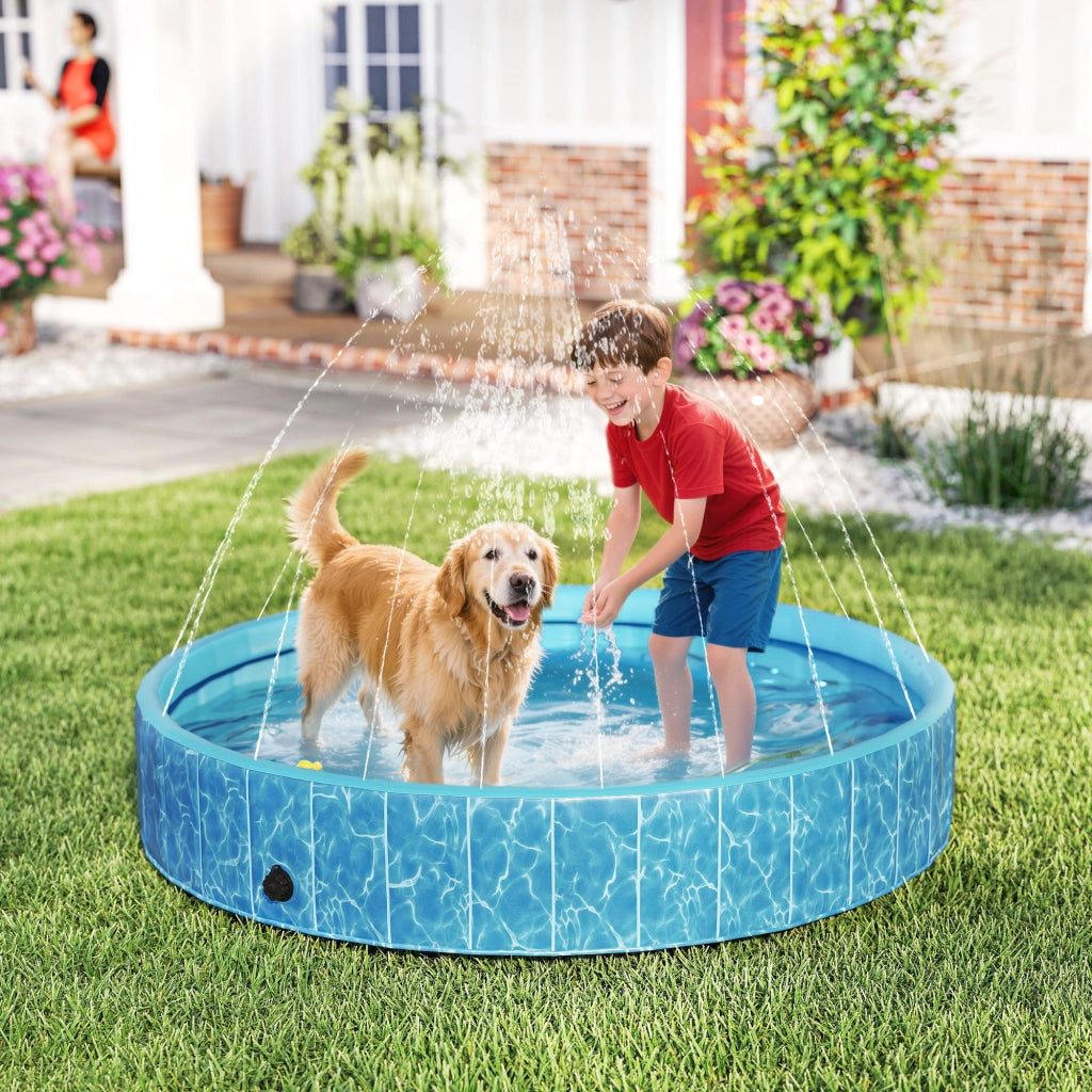 Piscina per Cani Pieghevole con Fontana e Cuscini d'Acqua ¨C Zephmum ¨C Blu ?160x30 cm