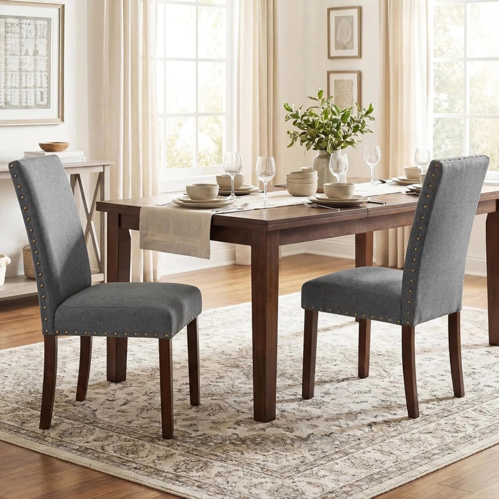 Set di 2 Sedie da Pranzo Imbottite, Sedie da Cucina con Schienale Alto, Gambe in Legno Massello e Piedini Regolabili, Portata 155 kg, Sgabelli Moderni per Cucina, Soggiorno e Ufficio (Grigio)
