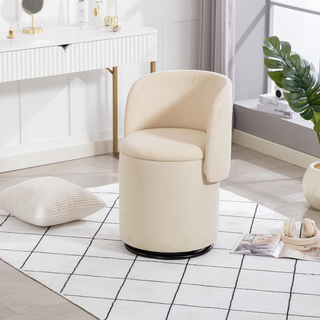 Poltroncina girevole a 360° con vano contenitore in velluto a coste beige per camera da letto e sala da pranzo