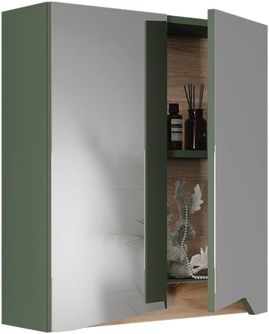Specchio contenitore bagno Marelle, Verde/Artigianale, 60 x 67 cm con ripiano regolabile in altezza, adatto al montaggio a parete e combinabile con i mobili Marelle