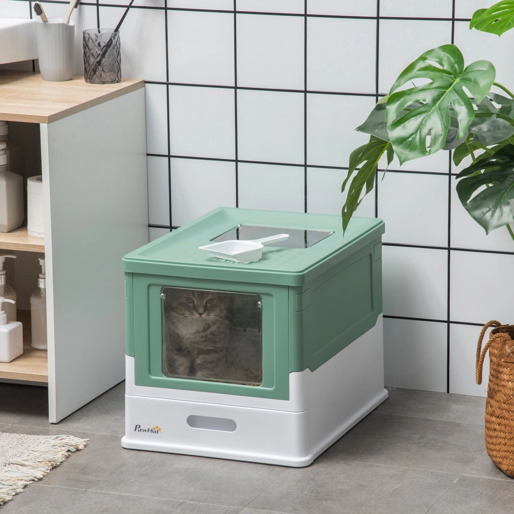 Lettiera per Gatti Chiusa con Paletta, Vassoio Estraibile e 2 Porte, 47.5x35.5x36.7cm, Verde