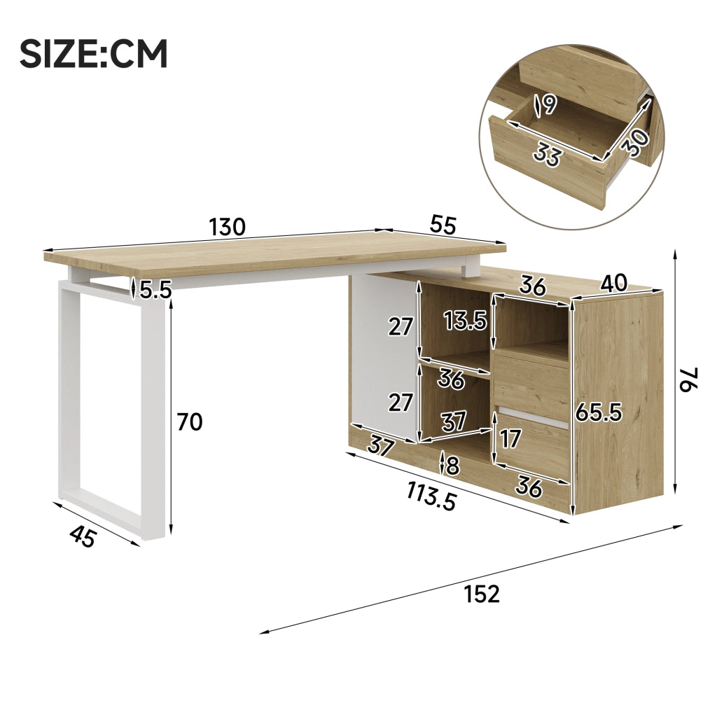 Scrivania angolare con 2 cassetti, 3 vani aperti e 1 armadietto chiuso, per ufficio e studio, 152 × 113,5 × 76 cm