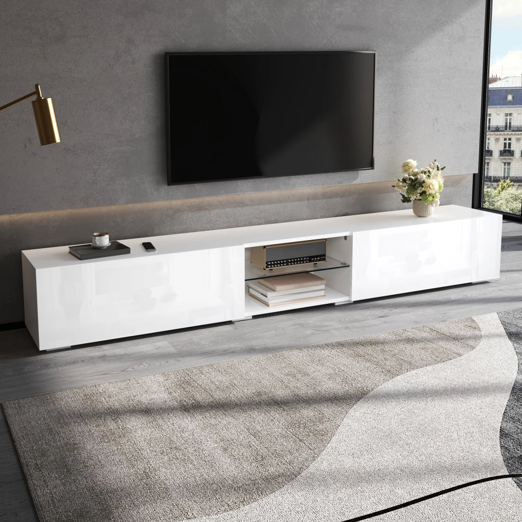 Mobile porta TV con LED controllata da app, 2 ante a ribalta e vano aperto, per soggiorno, bianco, 200 × 30 × 30 cm