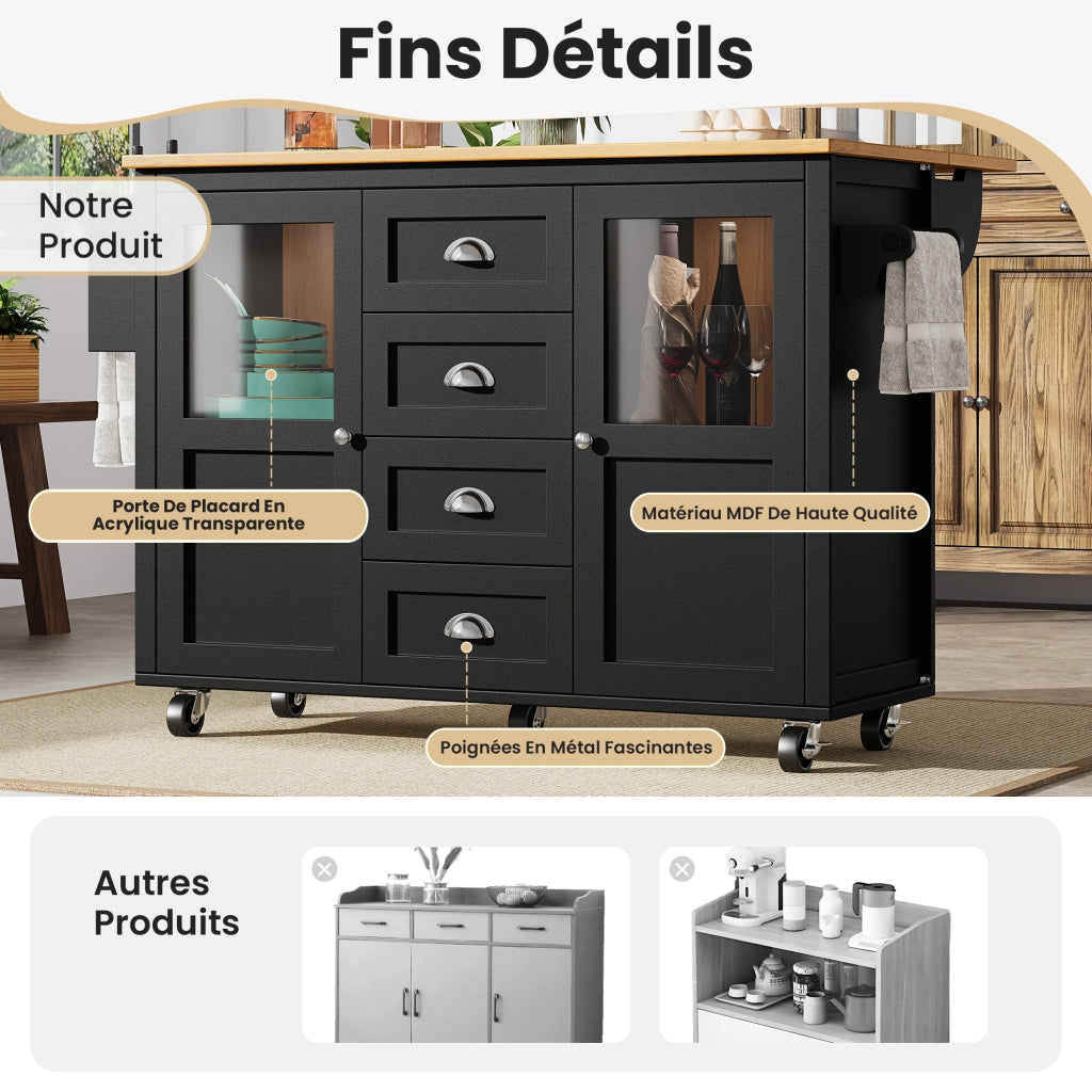 OKWISH Carrello da Cucina con 2 Ante e 4 Cassetti, Piano Pieghevole, Portaasciugamani, per Cucina, Nero