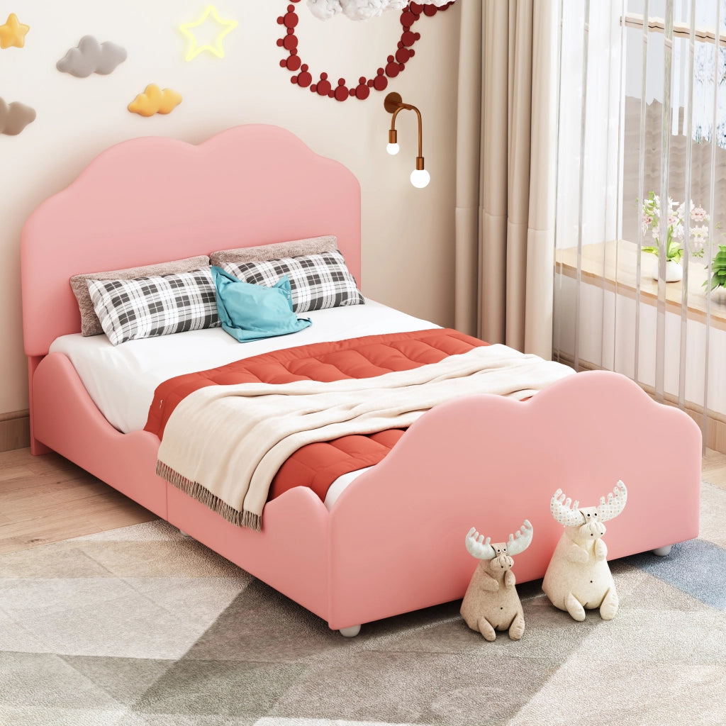 Letto per Bambini 90x200 cm; Letto Singolo con Sponda e Testiera Regolabile; in Velluto Rosa