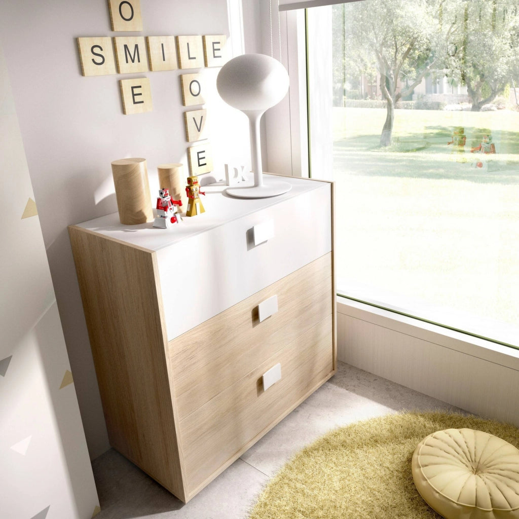 Cassettiera Alibaba, Settimanale per camera da letto, ComÒ² con 3 cassetti, 80x43h81 cm, Rovere e Bianco