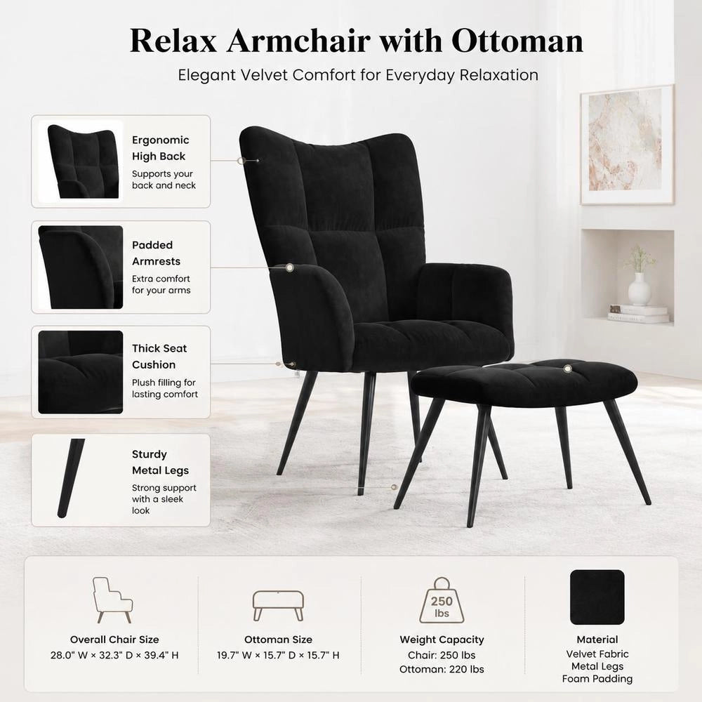 Reclining Armchair With Footstool, Black Velvet