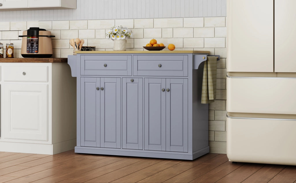 Isola cucina mobile con piano ribaltabile, 2 cassetti grandi, cassetti verticali, ruote frenanti, 121 x 49(69) x 89 cm