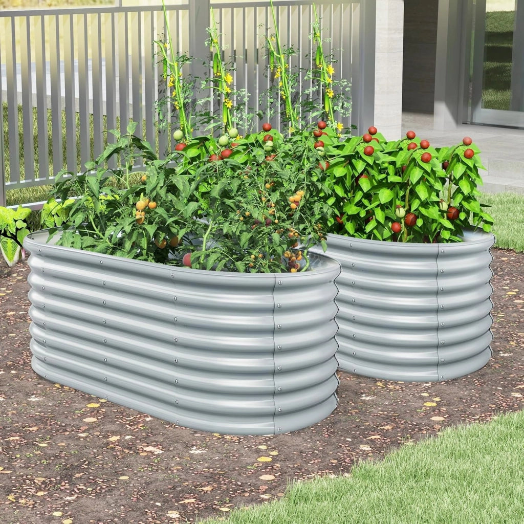 Letto da Esterno Rialzato in Metallo, Aiuola Rialzata in Ovale con Design a Fondo Aperto, Protettori d'Angolo Rinforzati, Orto Rialzato da Esterno per Verdure, Fiori, Erbe Aromatiche (Grigio)