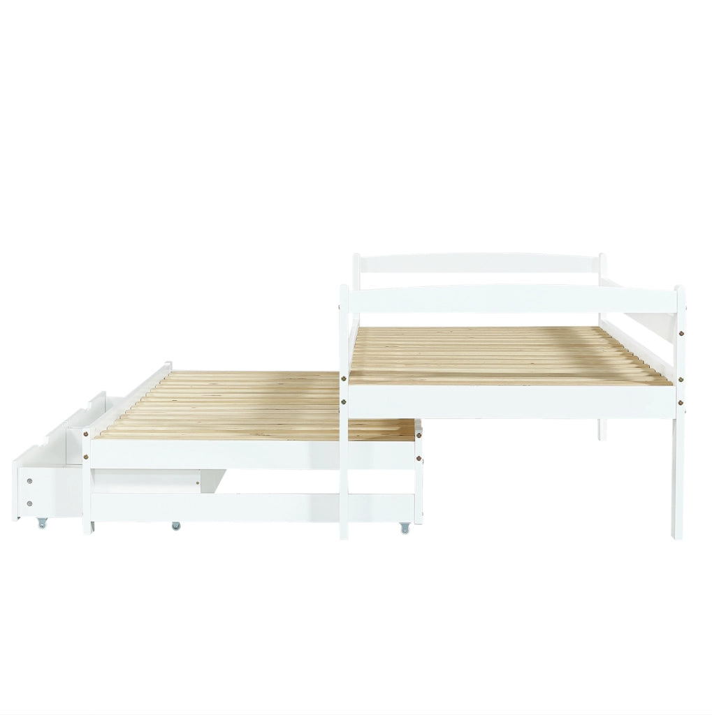Letto multifunzione con letto estraibile, 2 cassetti e struttura in legno bianco