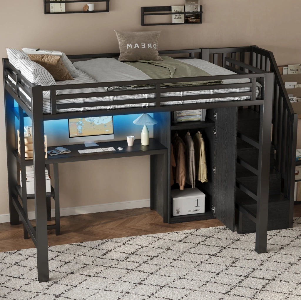 Letto a soppalco 140x200 in metallo con scrivania e armadio