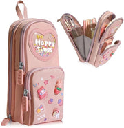 Etui estetico per ragazze - Etui - Etui a 3 compartimenti per ragazze - Borsa scuola - Etui rosso con decorazioni a patch, dotato di accessori scolastici perfetti per gli studenti