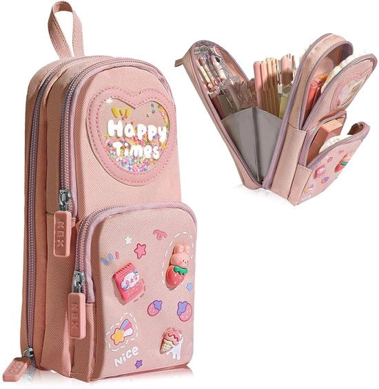 Etui estetico per ragazze - Etui - Etui a 3 compartimenti per ragazze - Borsa scuola - Etui rosso con decorazioni a patch, dotato di accessori scolastici perfetti per gli studenti