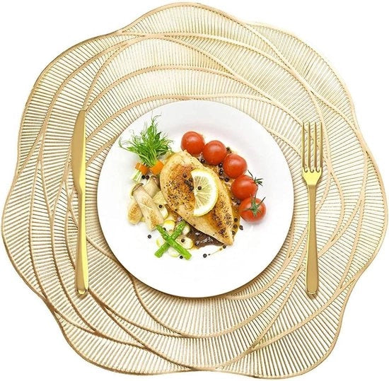 Piastre rotonde dorate - Set da 6 - 35 cm - Fiore rosa - Resistente al calore - Impacco da tavola - Cucina - Piastre da tavolo - Tavolo da pranzo - Festa - Matrimonio - Vacanza - Decorazione da tavola