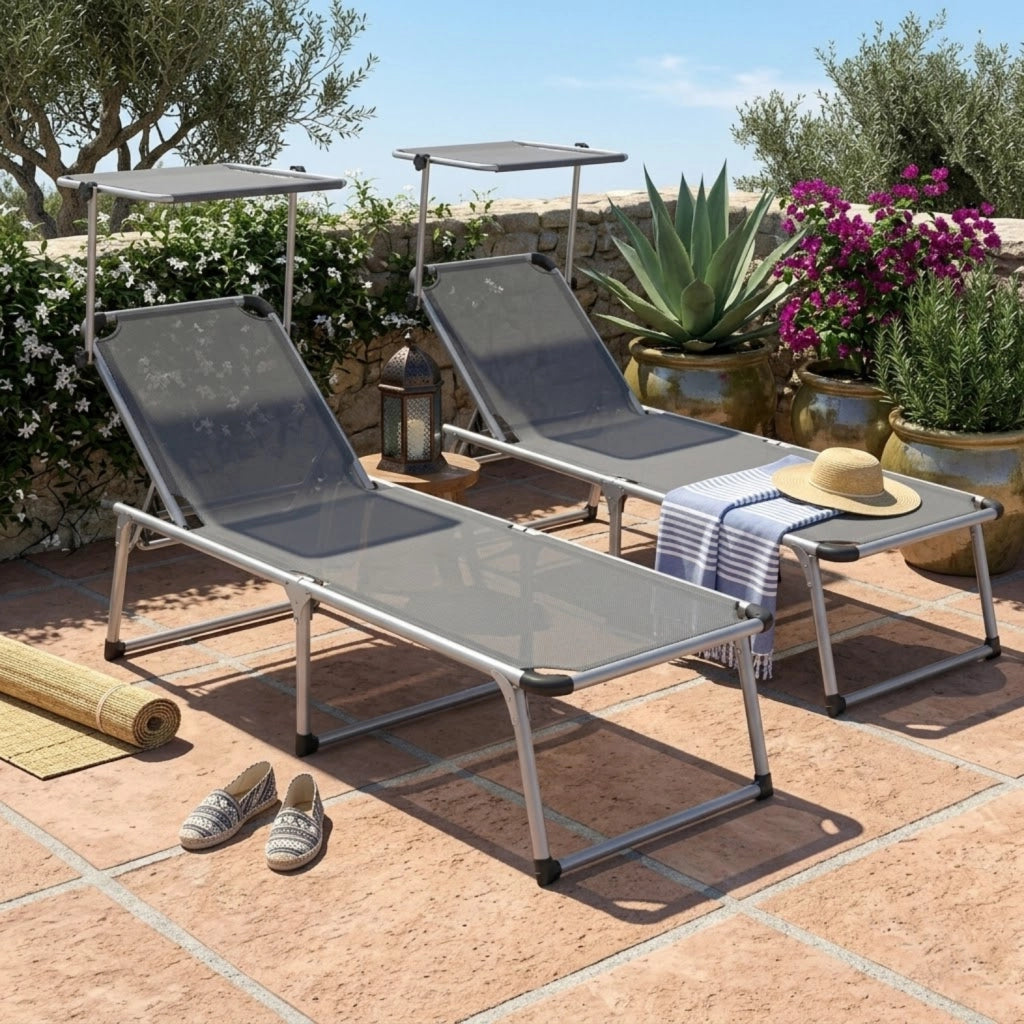 Set Lettini Prendisole Pieghevoli Tettuccio Parasole Schienale Regolabile Reclinabile 6 Posizioni Struttura In Alluminio Sedia Relax Spiaggia Mare Giardino Piscina 187 x 59 x 29 Cm Grigio Scuro