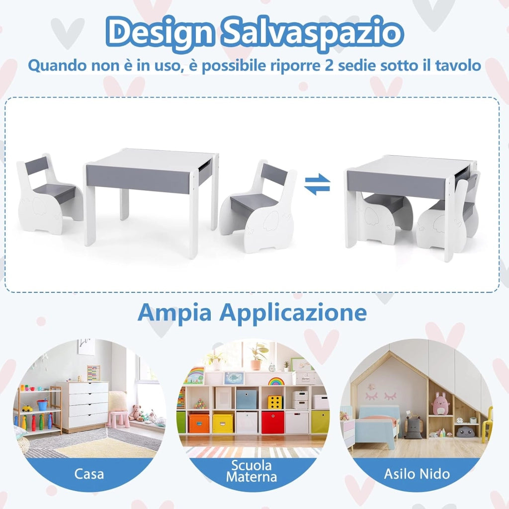 Tavolo e Sedie per Bambini 3 in 1, Tavolino con Lavagna Rimovibile e Archiviazione, per Cameretta (Bianco e Grigio)
