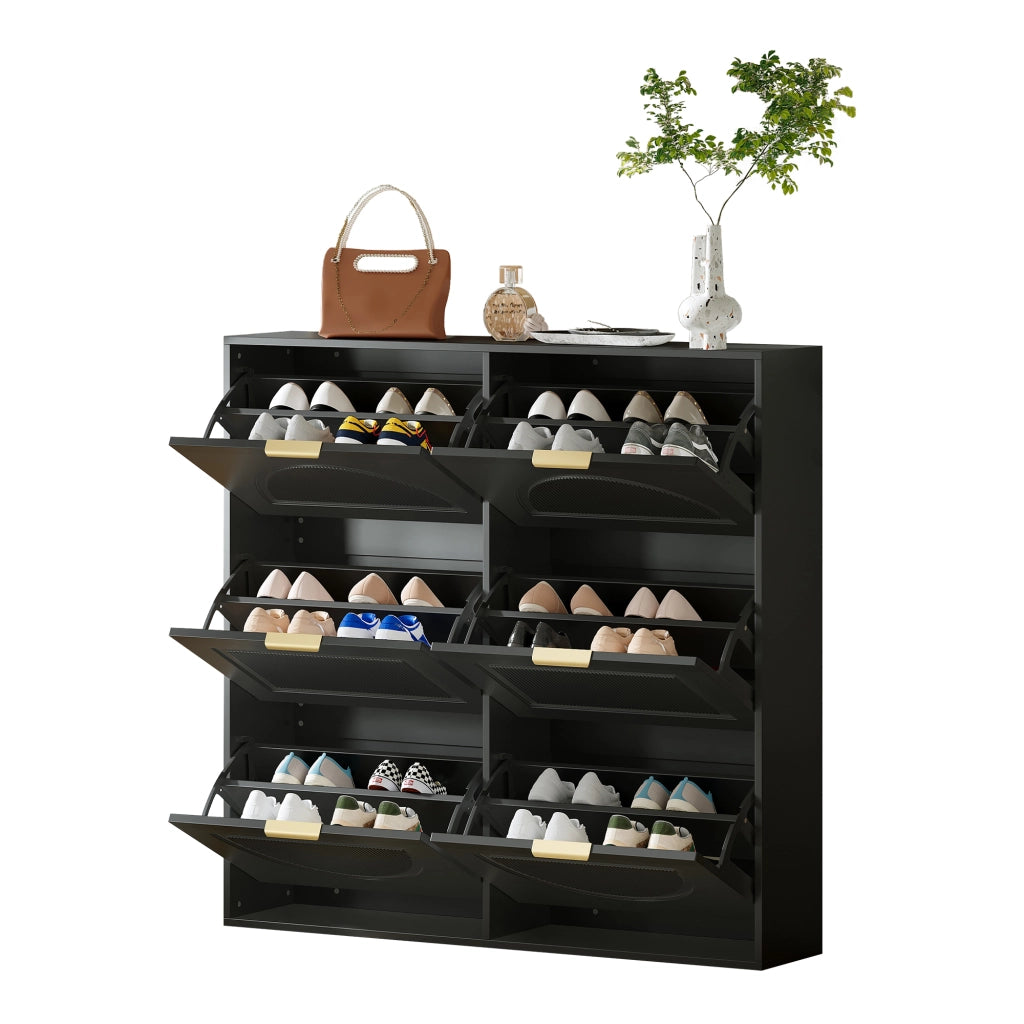 Scarpiera con 6 ribalte e ripiani regolabili con dispositivo antiribaltamento in MDF 118×25×115 cm Nero