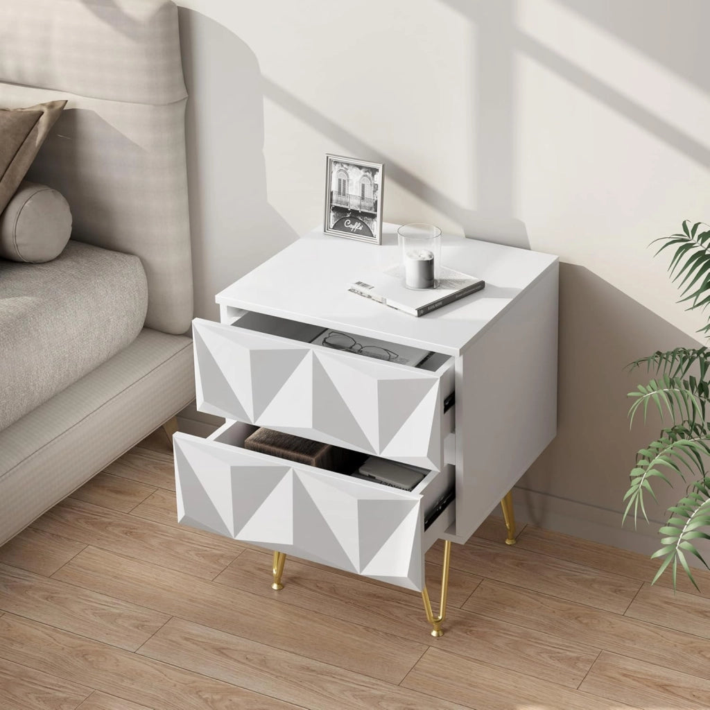 Comodino per Camera da Letto, Comodino Bianco con 2 Cassetti e Gambe Dorate, 40x40x53cm, Tavolino da Salotto, Divano, Cameretta, Frontale in Rilievo, in Legno e Metallo, 0001CTG