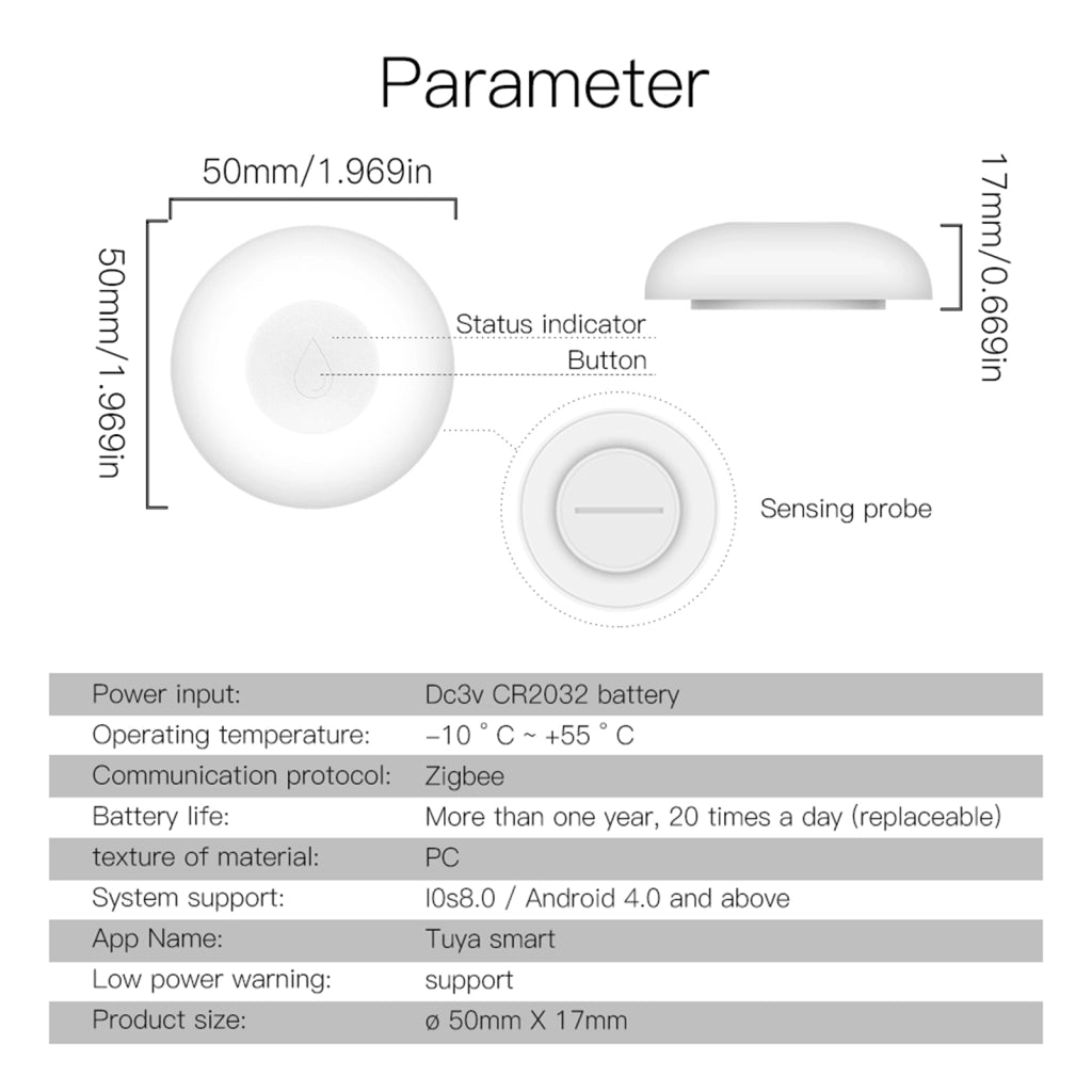 Sensore Perdita Acqua Rilevatore di Allagamento ZigBee Protocollo ZigBee 3.0 TUYA, Smart Life CR2032 IP66 Ø50x17mm